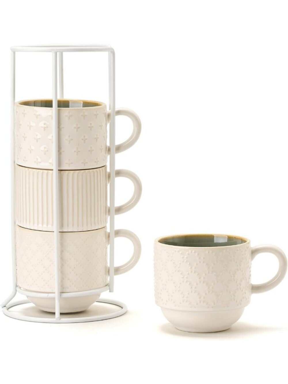 Large Ceramic Coffee Mug Set of 4 - Stackable 15 Oz Ribbed Latte Cups